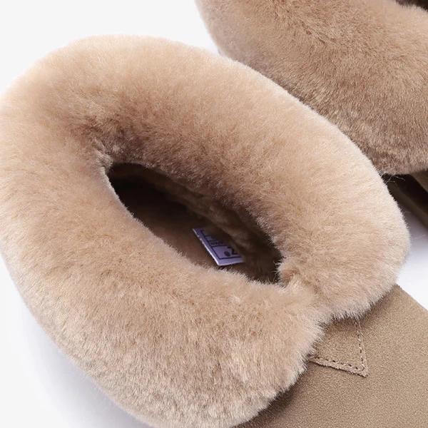 Schön Beige Schneestiefel 2020 Woll Leder Ankle Boots Winter Flache Freizeit Runde Zeh Stiefel Damen