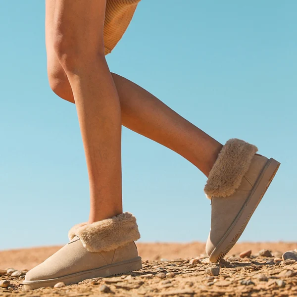 Schön Beige Schneestiefel 2020 Woll Leder Ankle Boots Winter Flache Freizeit Runde Zeh Stiefel Damen
