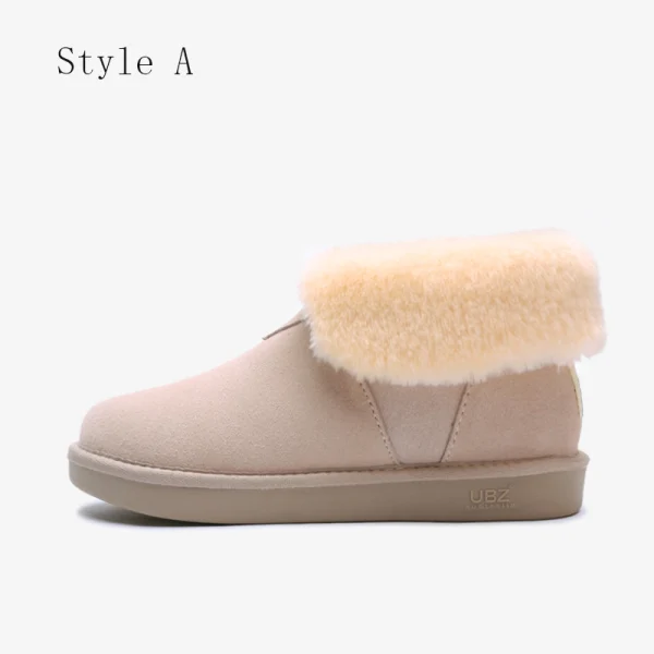 Schön Beige Schneestiefel 2020 Woll Leder Ankle Boots Winter Flache Freizeit Runde Zeh Stiefel Damen