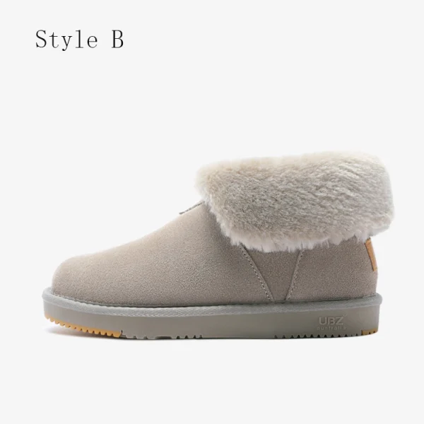 Schön Beige Schneestiefel 2020 Woll Leder Ankle Boots Winter Flache Freizeit Runde Zeh Stiefel Damen