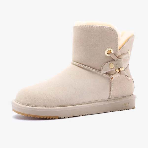 Schöne Beige Schneestiefel 2020 Woll Leder Schnüren Ankle Boots Winter Flache Freizeit Runde Zeh Stiefel Damen