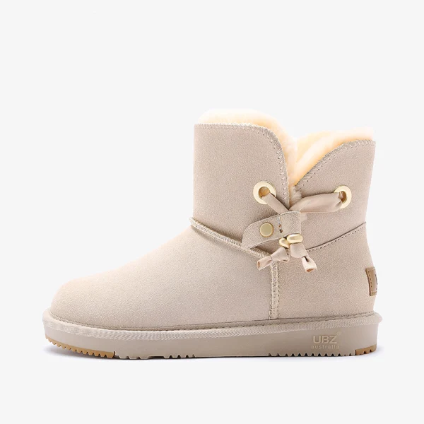 Schöne Beige Schneestiefel 2020 Woll Leder Schnüren Ankle Boots Winter Flache Freizeit Runde Zeh Stiefel Damen