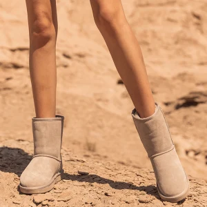 Modest Simple Khaki Snow Boots 2020 Woolen Leather Mid Calf Winter Flat Casual Round Toe Womens Boots