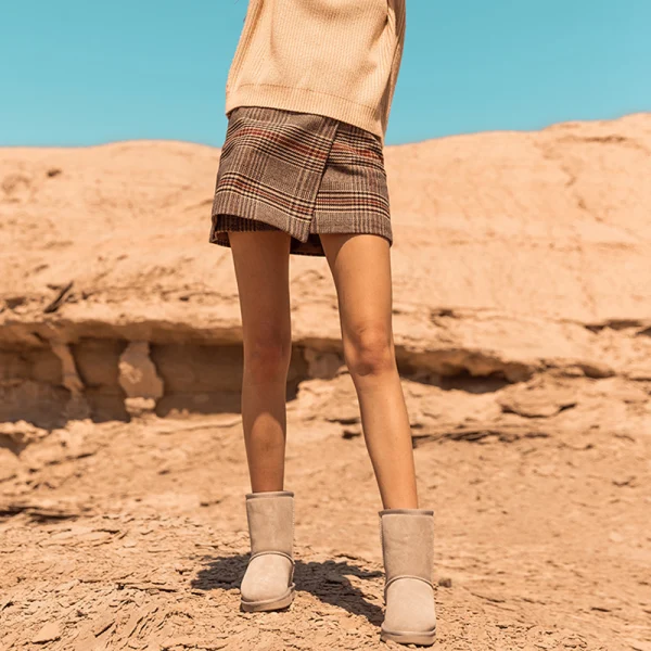 Schlicht Khaki Schneestiefel 2020 Woll Leder Mitte Der Wade Winter Flache Freizeit Runde Zeh Stiefel Damen