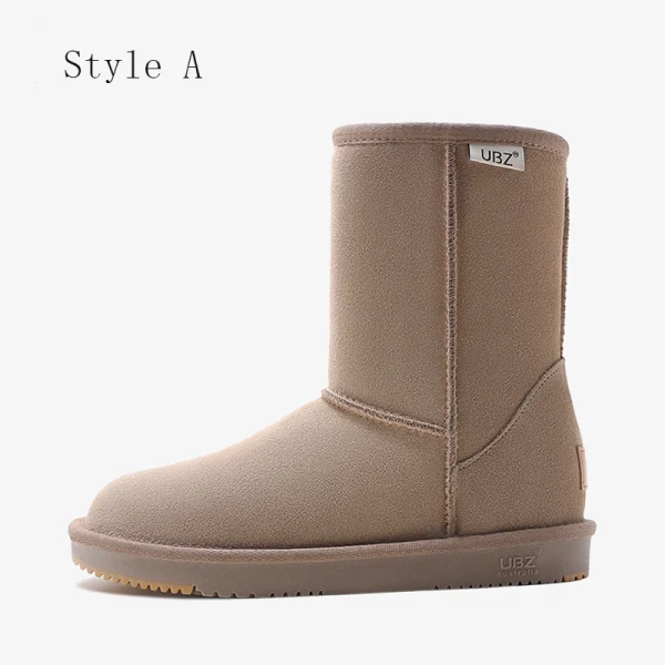 Schlicht Khaki Schneestiefel 2020 Woll Leder Mitte Der Wade Winter Flache Freizeit Runde Zeh Stiefel Damen