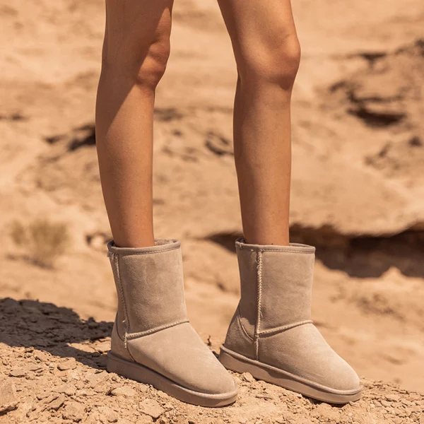 Schlicht Khaki Schneestiefel 2020 Woll Leder Mitte Der Wade Winter Flache Freizeit Runde Zeh Stiefel Damen