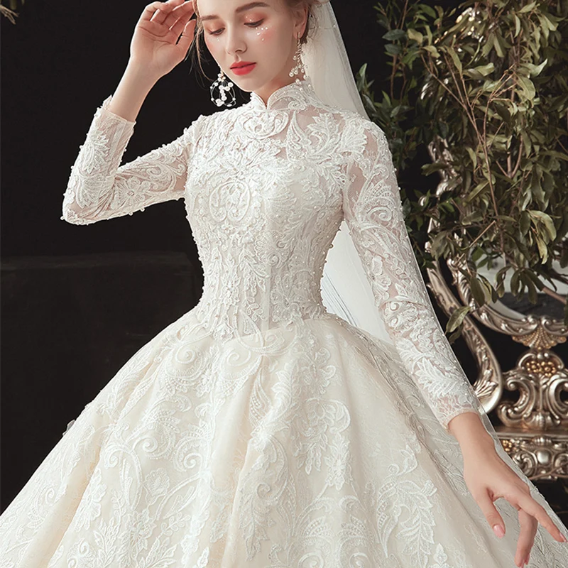 sachin and babi light blue dress Square Neck Champagne Long Sleeves Lace Wedding Dress – Sassymyprom main image 0