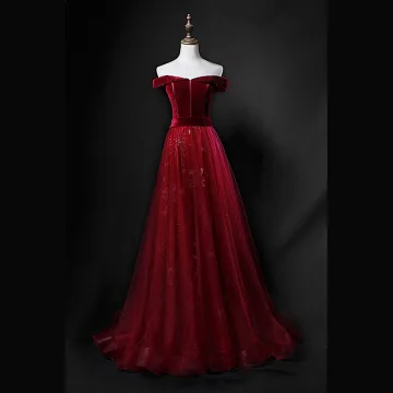 Chic Beautiful Burgundy Suede Prom Dresses 2018 A Line Princess Off The Shoulder Short Sleeve Sash Appliques Lace Sweep Train Ruffle Backless Formal Dresses