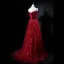 Chic / Beautiful Burgundy Suede Prom Dresses 2018 A-Line / Princess Off-The-Shoulder Short Sleeve Sash Appliques Lace Sweep Train Ruffle Backless Formal Dresses