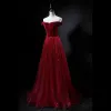 Chic / Beautiful Burgundy Suede Prom Dresses 2018 A-Line / Princess Off-The-Shoulder Short Sleeve Sash Appliques Lace Sweep Train Ruffle Backless Formal Dresses