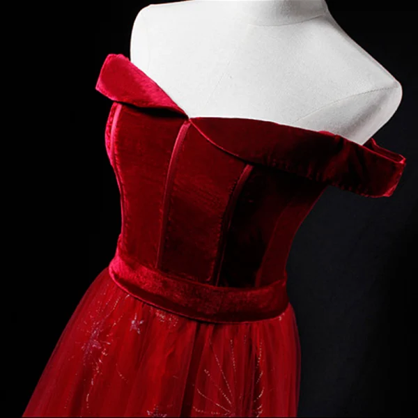 Chic / Beautiful Burgundy Suede Prom Dresses 2018 A-Line / Princess Off-The-Shoulder Short Sleeve Sash Appliques Lace Sweep Train Ruffle Backless Formal Dresses