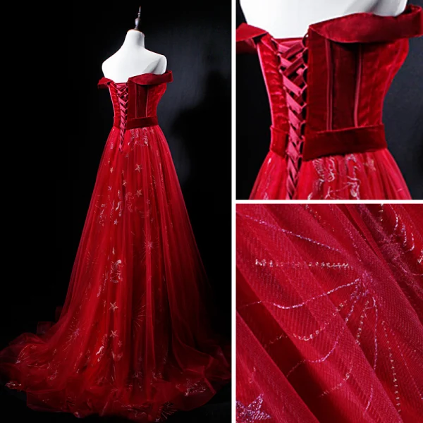 Chic / Beautiful Burgundy Suede Prom Dresses 2018 A-Line / Princess Off-The-Shoulder Short Sleeve Sash Appliques Lace Sweep Train Ruffle Backless Formal Dresses