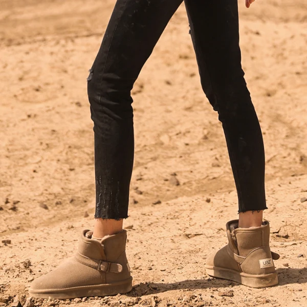 Schlicht Khaki Schneestiefel 2020 Woll Leder Schnalle Ankle Boots Winter Flache Freizeit Runde Zeh Stiefel Damen