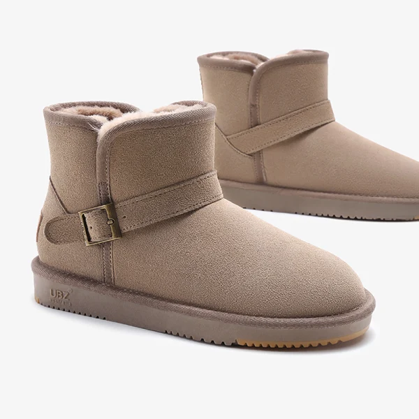 Schlicht Khaki Schneestiefel 2020 Woll Leder Schnalle Ankle Boots Winter Flache Freizeit Runde Zeh Stiefel Damen