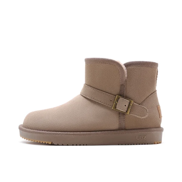 Schlicht Khaki Schneestiefel 2020 Woll Leder Schnalle Ankle Boots Winter Flache Freizeit Runde Zeh Stiefel Damen