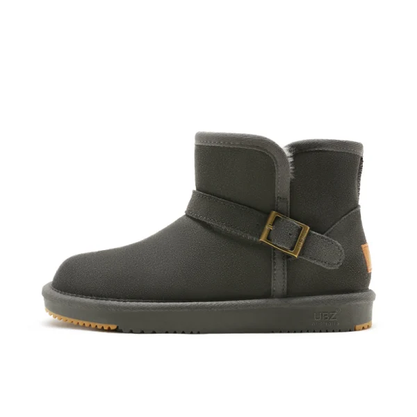 Schlicht Khaki Schneestiefel 2020 Woll Leder Schnalle Ankle Boots Winter Flache Freizeit Runde Zeh Stiefel Damen