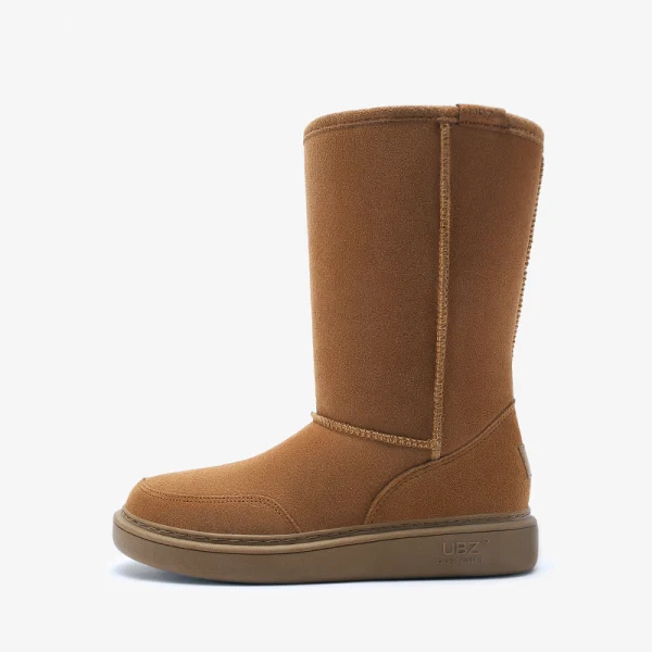 Schlicht Khaki Schneestiefel 2020 Woll Wasserdichte Leder Mitte Der Wade Winter Flache Freizeit Runde Zeh Stiefel Damen