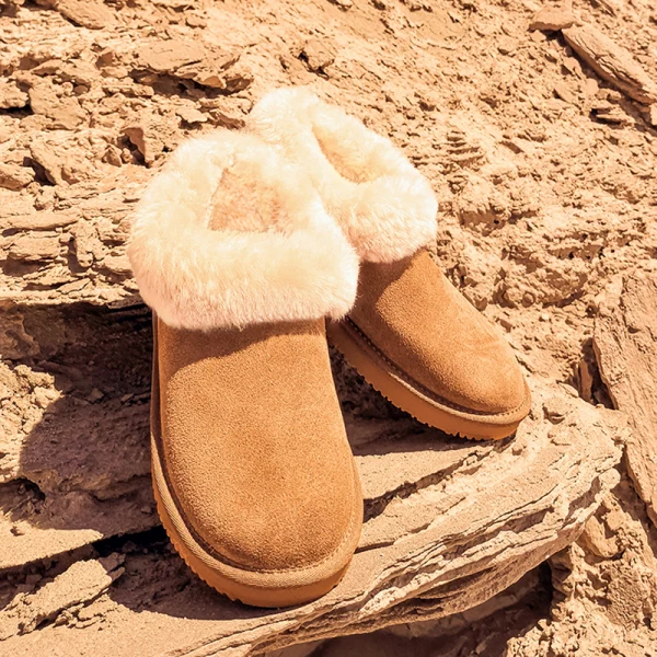Śliczny Bordowe Snow Boots 2020 Wełniany Skórzany Botki Zima Płaskie Przypadkowy Okrągłe Toe Buty Damskie