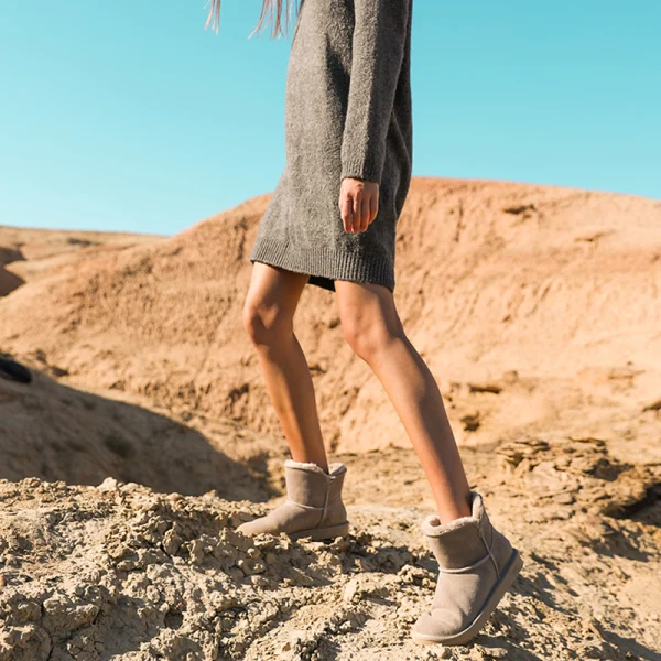 Eenvoudige Grijs Snowboots 2020 Wollen Leer Enkellaarsjes / Enkellaarzen Winter Platte Toevallig Ronde Neus Dames Laarzen