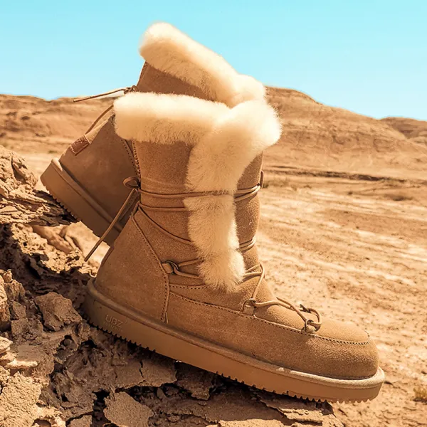 Mote Maroon Snow Boots 2020 Ull Lær Snøre opp Midten Kalv Vinter Flate Casual Rund Tå Kvinners støvler