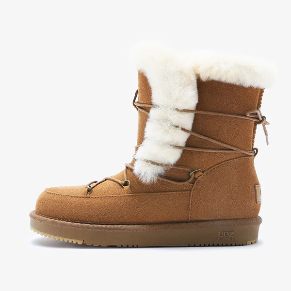 Fashion Maroon Snow Boots 2020 Woolen Leather Lace-up Mid Calf Winter Flat Casual Round Toe Womens Boots