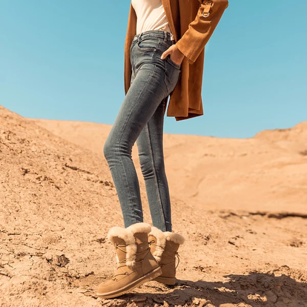 Fashion Maroon Snow Boots 2020 Woolen Leather Lace-up Mid Calf Winter Flat Casual Round Toe Womens Boots