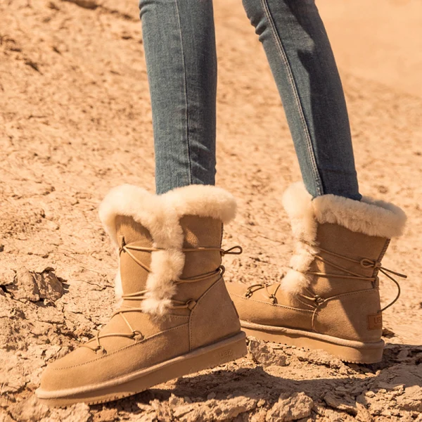 Fashion Maroon Snow Boots 2020 Woolen Leather Lace-up Mid Calf Winter Flat Casual Round Toe Womens Boots