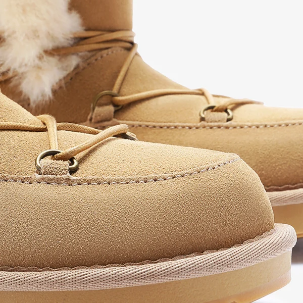 Fashion Maroon Snow Boots 2020 Woolen Leather Lace-up Mid Calf Winter Flat Casual Round Toe Womens Boots
