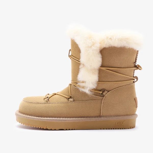Fashion Maroon Snow Boots 2020 Woolen Leather Lace-up Mid Calf Winter Flat Casual Round Toe Womens Boots