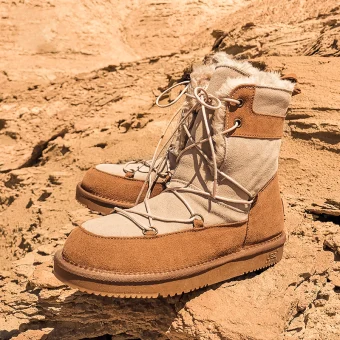 Mode Rödbruna Snow Boots 2020 Ull Läder Snörning Mitten Kalv Vinter Platt Pande Zote Toe Stövlar Dam