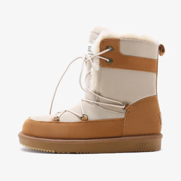Mode Marrons Bottes De Neige 2020 De laine Cuir Lacer Mi-Mollet Hiver Plate À Bout Rond Bottes Femme