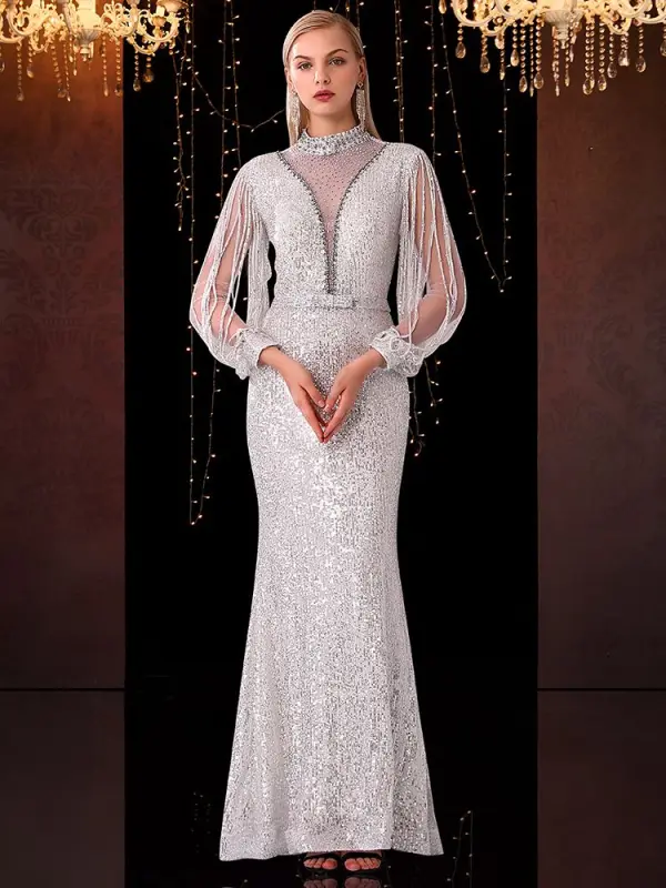 Scintillantes Blanche Transparentes Robe De Soirée 2020 Trompette / Sirène Col Haut Gland Manches Longues Noeud Ceinture Faux Diamant Longue Robe De Ceremonie