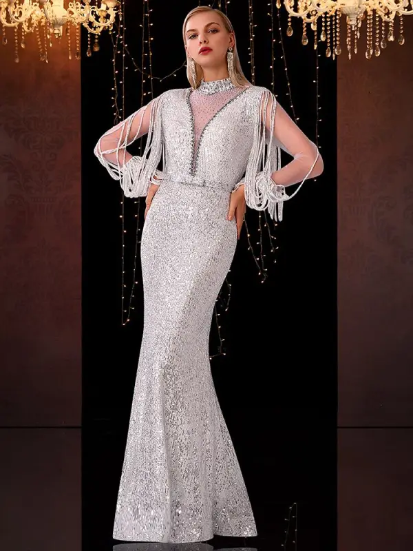 Scintillantes Blanche Transparentes Robe De Soirée 2020 Trompette / Sirène Col Haut Gland Manches Longues Noeud Ceinture Faux Diamant Longue Robe De Ceremonie