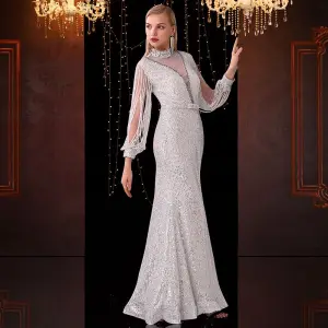 Sparkly White See Through Evening Dresses 2020 Trumpet Mermaid High Neck Tassel Long Sleeve Bow Sash Rhinestone Floor Length Long Formal Dresses