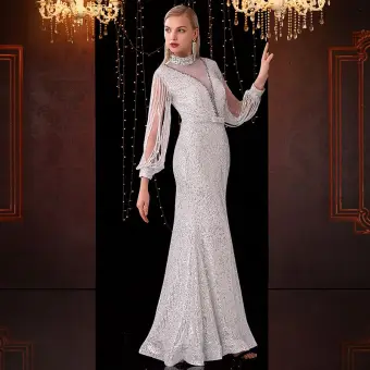 Scintillantes Blanche Transparentes Robe De Soirée 2020 Trompette Sirène Col Haut Gland Manches Longues Noeud Ceinture Faux Diamant Longue Robe De Ceremonie