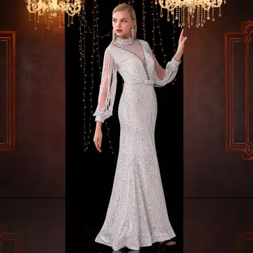 Sparkly Hvide Gennemsigtig Selskabskjoler 2020 Havfrue Høj Hals Tassel Langærmet Sløjfe Bælte Rhinestone Lange Kjoler
