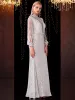 Scintillantes Blanche Transparentes Robe De Soirée 2020 Trompette / Sirène Col Haut Gland Manches Longues Noeud Ceinture Faux Diamant Longue Robe De Ceremonie