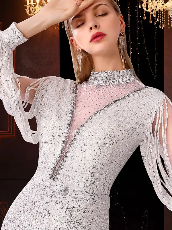Scintillantes Blanche Transparentes Robe De Soirée 2020 Trompette / Sirène Col Haut Gland Manches Longues Noeud Ceinture Faux Diamant Longue Robe De Ceremonie