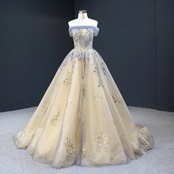 Charmant Bleu Ciel Doré Robe De Soirée 2023 Princesse De L Épaule Manches Courtes Glitter Paillettes Tribunal Train Volants Dos Nu Robe De Ceremonie