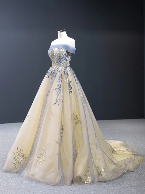 Charming Sky Blue Gold Evening Dresses 2023 A-Line Princess Off-The-Shoulder Short