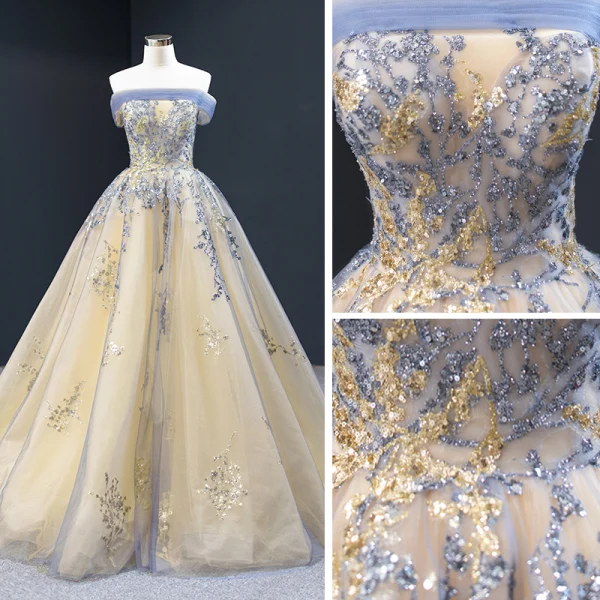 Charmant Himmelblau Gold Abendkleider 2023 A Linie Off Shoulder Kurze Ärmel Glanz Pailletten Hof-Schleppe Rüschen Rückenfreies Festliche Kleider