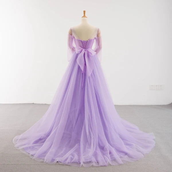 Charming Lilac See-through Red Carpet Evening Dresses 2023 A-Line / Princess Scoop Neck Puffy Long Sleeve Backless Bow Beading Court Train Ruffle