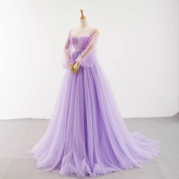 Charming Lilac See-through Red Carpet Evening Dresses 2023 A-Line / Princess Scoop Neck Puffy Long Sleeve Backless Bow Beading Court Train Ruffle