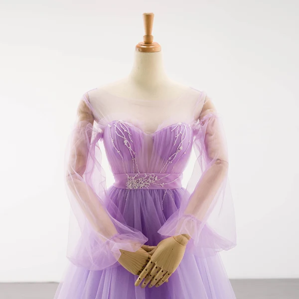 Charming Lilac See-through Red Carpet Evening Dresses 2023 A-Line / Princess Scoop Neck Puffy Long Sleeve Backless Bow Beading Court Train Ruffle