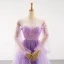 Charming Lilac See-through Red Carpet Evening Dresses  2023 A-Line / Princess Scoop Neck Puffy Long Sleeve Backless Bow Beading Court Train Ruffle