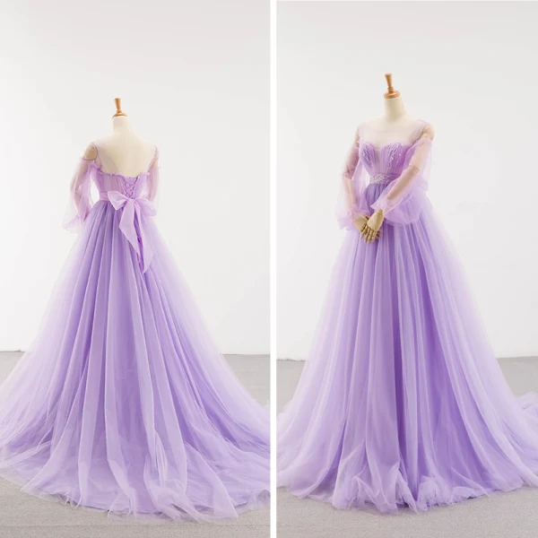 Charming Lilac See-through Red Carpet Evening Dresses 2023 A-Line / Princess Scoop Neck Puffy Long Sleeve Backless Bow Beading Court Train Ruffle