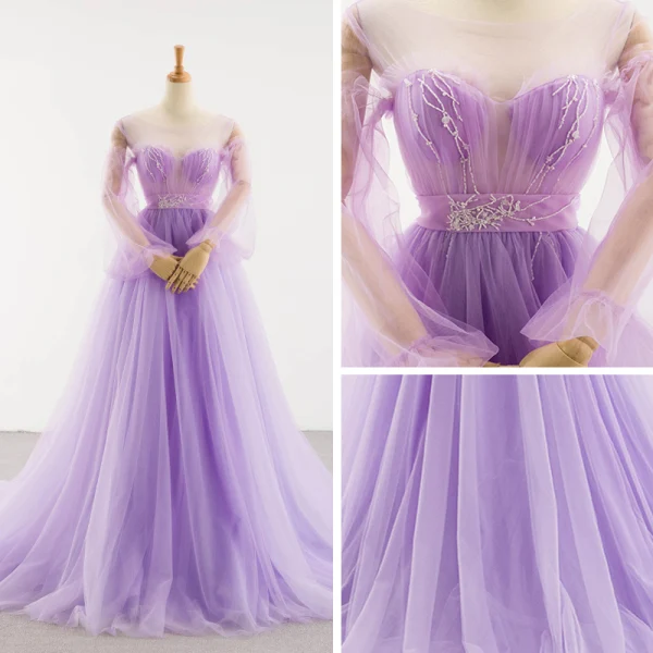Charming Lilac See-through Red Carpet Evening Dresses 2023 A-Line / Princess Scoop Neck Puffy Long Sleeve Backless Bow Beading Court Train Ruffle