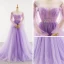 Charming Lilac See-through Red Carpet Evening Dresses  2023 A-Line / Princess Scoop Neck Puffy Long Sleeve Backless Bow Beading Court Train Ruffle