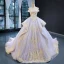 High-end Lavender Evening Dresses  2023 A-Line / Princess Off-The-Shoulder Short Sleeve Gold Appliques Lace Beading Court Train Ruffle Backless Formal Dresses