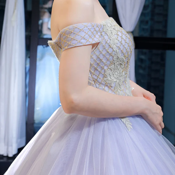 High-end Lavender Evening Dresses  2023 A-Line / Princess Off-The-Shoulder Short Sleeve Gold Appliques Lace Beading Court Train Ruffle Backless Formal Dresses